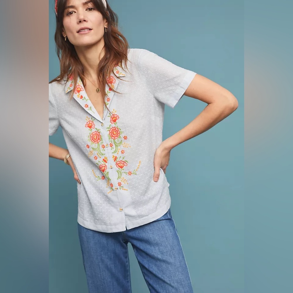 Anthropologie Christie Embroidered Buttondown sz 8